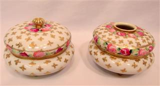 ANTIQUE PORCELAIN HAIR RECEIVER POWDER BOX VANITY SET MORIMURA NIPPON PINK ROSES